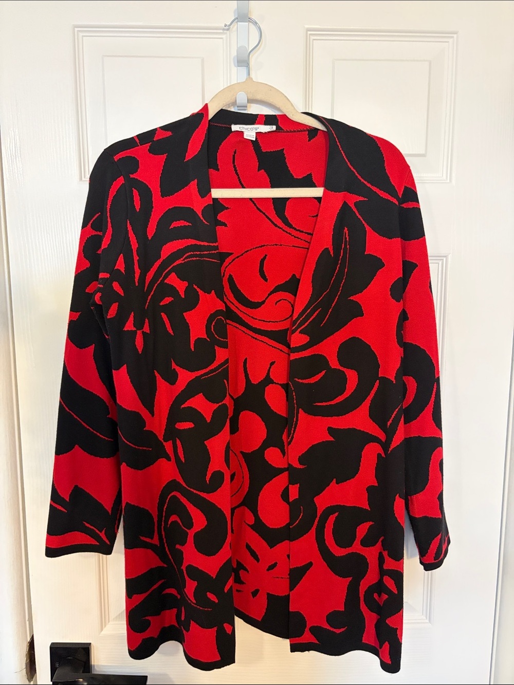 Chico's Red and Black Patterned Open Cardigan
